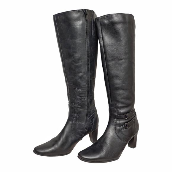 JOMET D Knee High Black Leather Boots US Sz 8.5 Stretch Calf Opening EU Size 39 - Picture 7 of 16